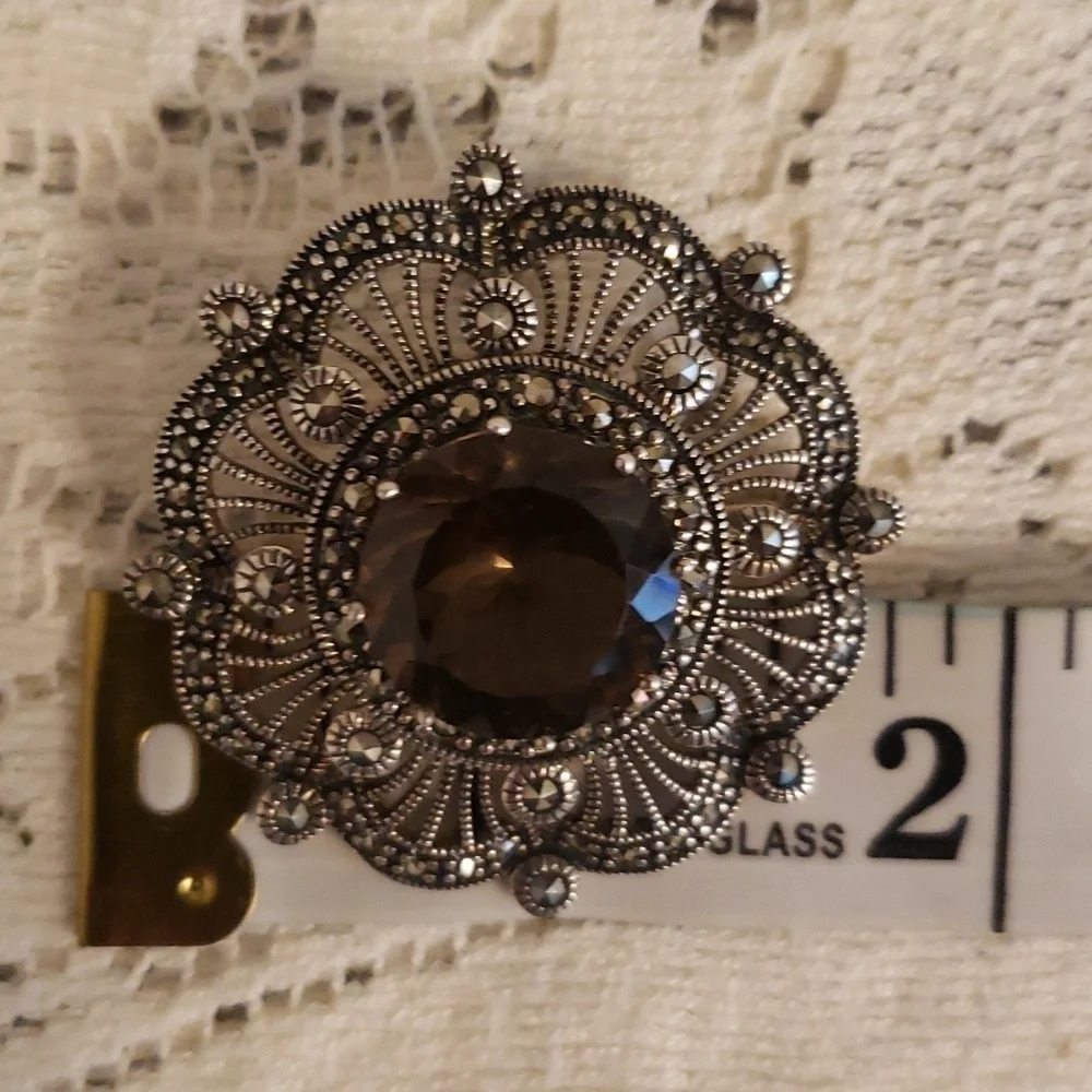 STUNNING Sterling Silver PENDANT BROOCH/PIN Smoky Quartz MARCASITE FILIGREE